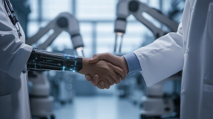 Doctor and student shake hands with robotic lab arms working in the background.