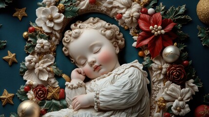 Sleeping cherub surrounded by festive holiday decorations, AI