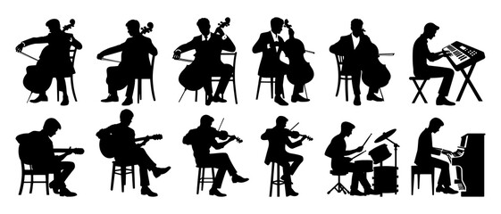 Silhouettes set of musicians playing various musical instruments vector collection