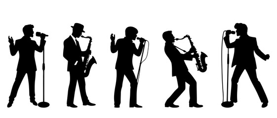 Singer and Saxophone player silhouette black filled vector Illustration icon.