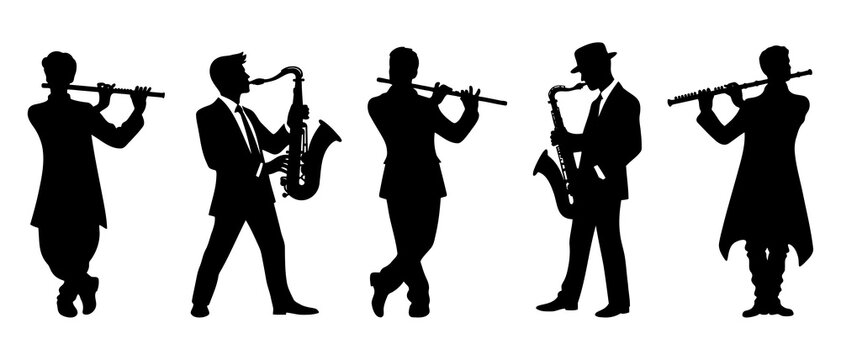 Musician playing Saxophone and flute silhouette black filled vector Illustration icon