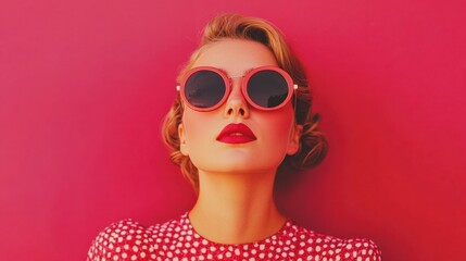Woman in red sunglasses and polka dot dress against a vibrant red background, AI