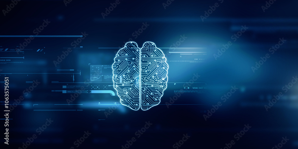 Poster 2d illustration concept of thinking, background with brain, abstract artificial intelligence. techno
