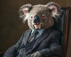 Poised Koala in Relaxed Business Suit Symbolizes Calm and Composed Leadership in Corporate Setting