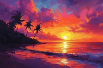 A vivid sunset over a tropical beach with the sky painted in vibrant oranges, pinks, and purples, reflecting on the water.