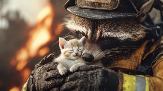 Raccoon firefighter cradles a kitten amidst a fiery backdrop, AI