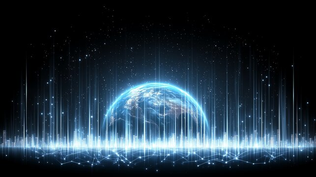 Futuristic digital Earth with glowing lines and blue light effects. Concept of technology, innovation, and global connectivity.