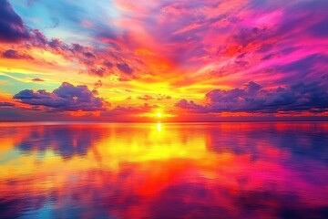 Fototapeta premium A vivid sunset over a tropical beach with the sky painted in vibrant oranges, pinks, and purples, reflecting on the water.