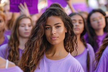 Fototapeta premium Women In Purple. Multiracial Group of Women Standing in Protest Against Violence