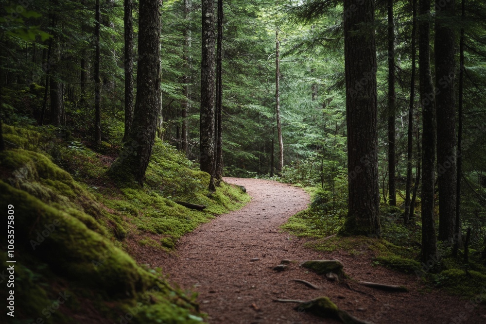 Poster a tranquil forest path meanders through dense, lush green trees, surrounded by a serene, natural amb
