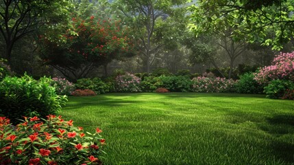 Yard Trees. Beautiful Garden Landscape with Green Trees in Nature