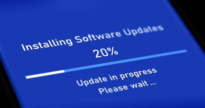 Blue smartphone screen with installing system updates progress bar, software update in process animation, footage
