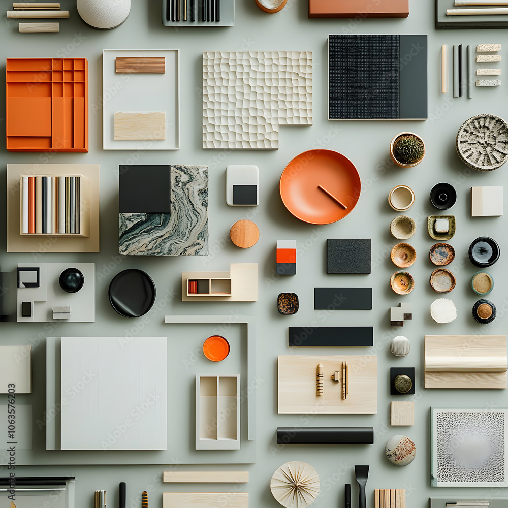 Poster Flat lay of various minimalist objects on a light grey background.