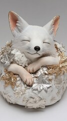 Fototapeta premium Sleeping fox sculpture adorned with intricate metallic leaves, AI