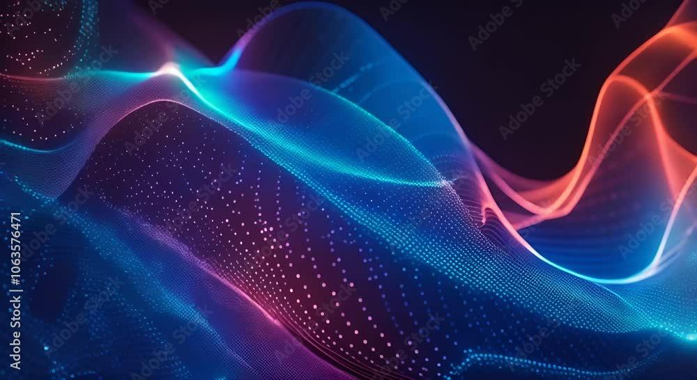 Poster abstract digital wave from glowing neon blue dots and lines futuristic data flow and advanced techno