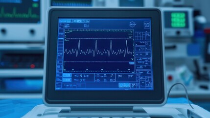 Labeled blueprint of a portable ultrasound, diagnostic imaging tool, compact and mobile design