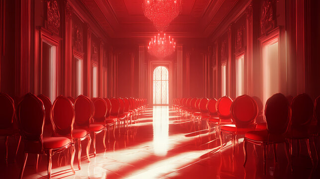 Elegant red chairs in luxurious event hall. generative ai. Victorian Ballroom. Illustration
