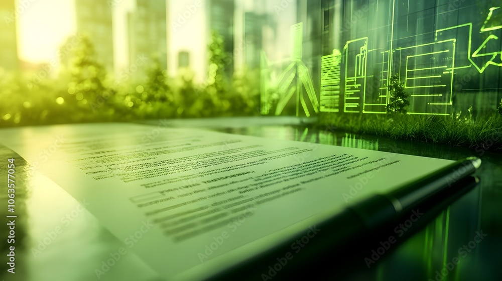Poster digital 3d render of net zero policy agreement with green energy symbols in background