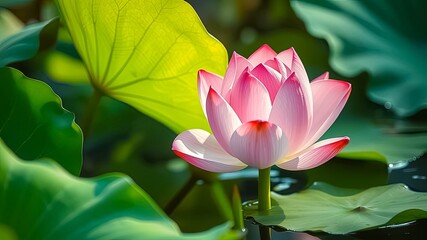 A delicate pink lotus flower emerges from the water, surrounded by lush green leaves, bathed in soft sunlight.