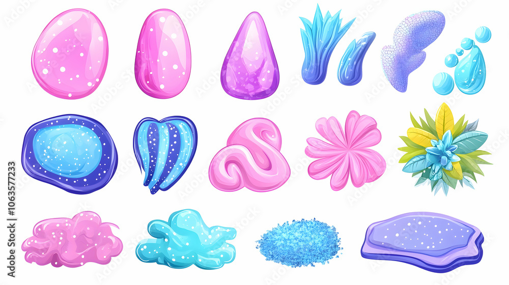 Aufkleber set of 16 cartoon shiny and glossy colorful slime, sparkly glitter shapes and abstract forms isolate