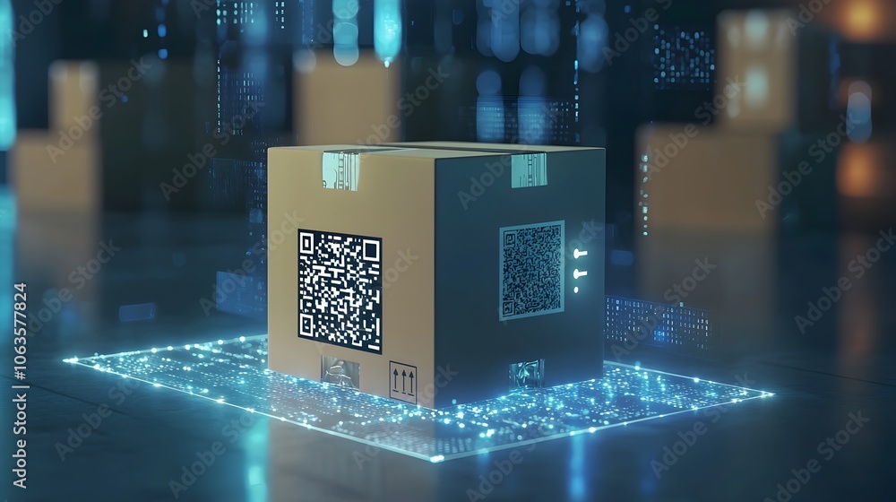 Poster futuristic parcel box with qr code and augmented reality holograms showcasing smart delivery systems