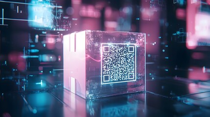 Futuristic Parcel Box with QR Code and Augmented Reality Holograms Representing Smart Delivery Systems