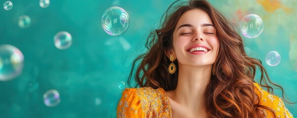 Naklejka premium A joyful woman in a bright dress smiles amidst floating bubbles, creating a cheerful and playful atmosphere.