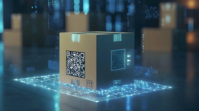 Futuristic Parcel Box with QR Code and Augmented Reality Holograms Showcasing Smart Delivery Systems Concept
