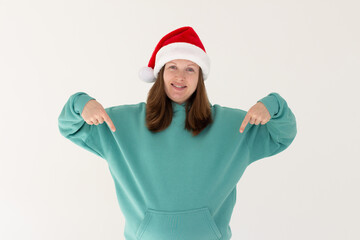 Photo of smiled funky woman santa elf wear green hoodie isolated white color background