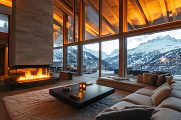 sleek modern interior of winter lodge chalet  in the alps with fireplace 