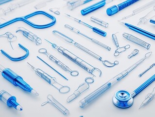 Digital rendering of surgical instruments blueprint, crosssectional details, clean and technical medical illustration