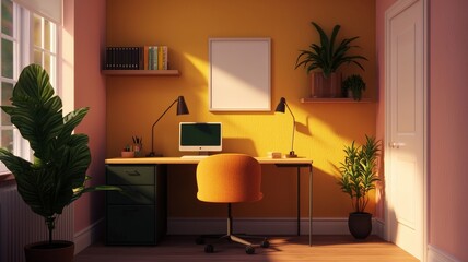 A cozy home office featuring a colorful wall, stylish desk, and greenery, creating an inviting workspace filled with natural light.