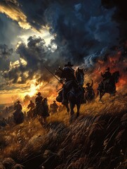 Capture the intensity of revolutionary wars through a dynamic low-angle shot showcasing pivotal 