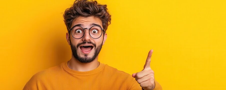 A joyful young man with glasses enthusiastically pointing up against a vibrant yellow background, showcasing excitement and positivity.