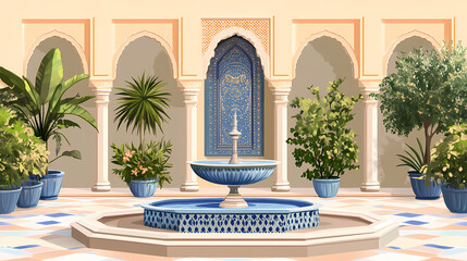 Fototapeta premium Fountain in a moroccan courtyard. Arabic Courtyard Fountain. Illustration