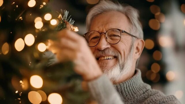 Grandpa with white beard decorates a Christmas tree with xmas balls decor. Cozy home vibe, warm light. Holiday celebration video for New Year promo clip or advertising.