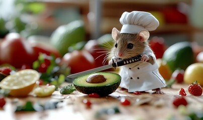 A tiny chef mouse in a white toque and apron skillfully slices an avocado with a knife in a kitchen setting.