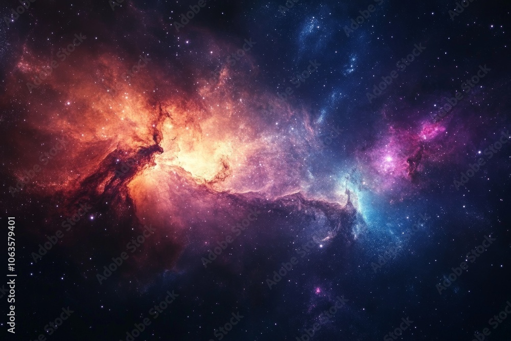 Poster a fiery nebula glows with vibrant colors, surrounded by clusters of brilliant stars, forming an awe-