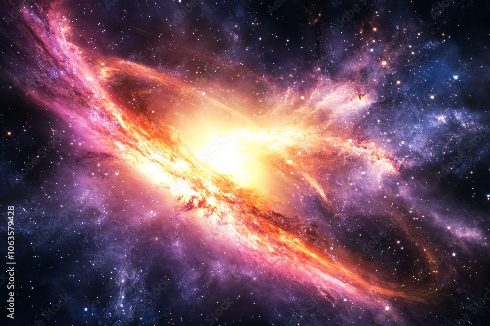 Poster A cosmic swirl explodes with vibrant oranges and purples, radiating energy and light in a mesmerizing dance of celestial beauty and wonder across the universe.