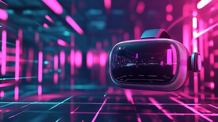 Futuristic VR headset glowing in neon-lit room