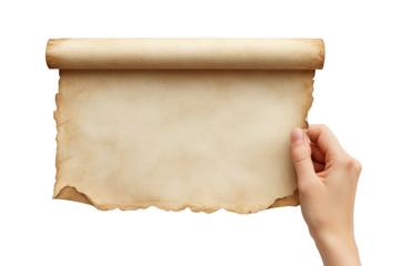 hand holding rolled parchment paper with vintage look, ideal for invitations or announcements. aged texture adds historical touch