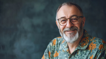 Obraz premium Happy senior man with beard and glasses, wearing colorful shirt