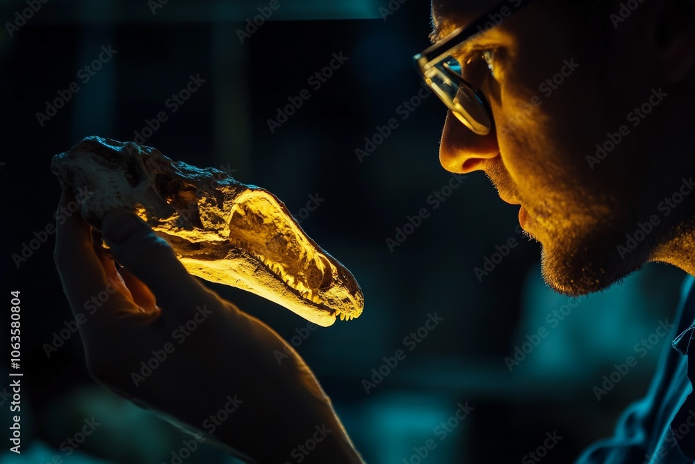Aufkleber A scientist closely examines a fossilized skull illuminated by light, revealing the intricate structure and potential significance of historical discoveries.