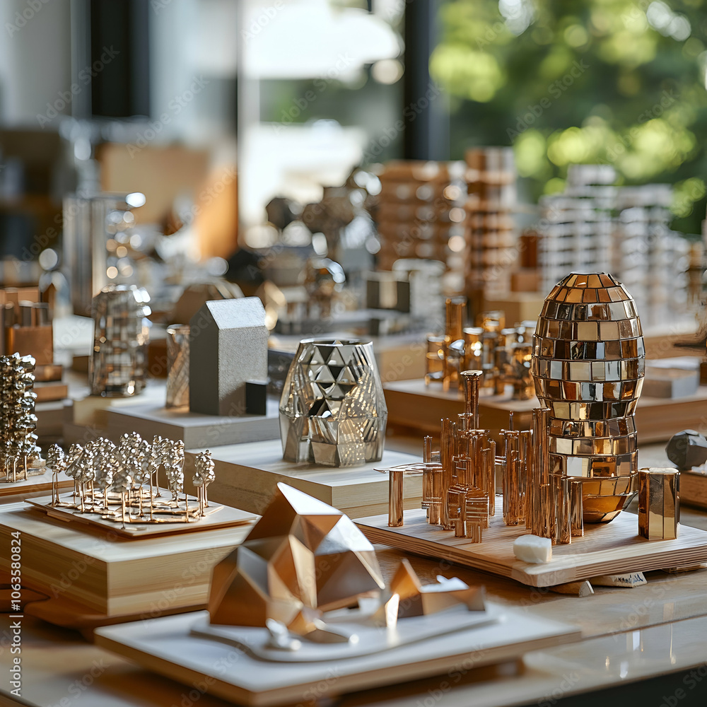 Poster a collection of miniature architectural models in various styles and materials.