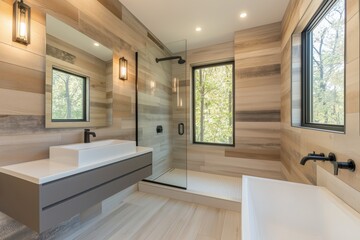 Contemporary bathroom design with wood-textured walls, minimalist floating vanity, and frameless glass shower enclosure.