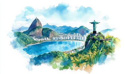 Watercolor RIO DE JANEIRO , Brazil Aerial view of Christ Redeemer and Corcovado Mountain.
