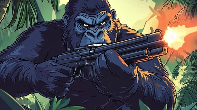 gorilla king kong rampage in the jungle, cartoon style, footage, 4k footage, videos, video clip, slow motion, video wallpaper, animation, 4k