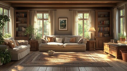 inviting farmhouse living room interior beautifully rendered in 3d featuring rustic decor cozy furniture and soft lighting that creates a warm welcoming atmosphere