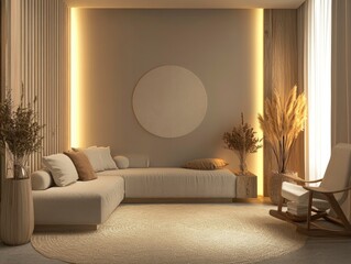 A modern, inviting therapy room with soft lighting, comfortable couch and armchair