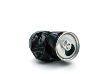 Black soda can on white background, recycled material concept